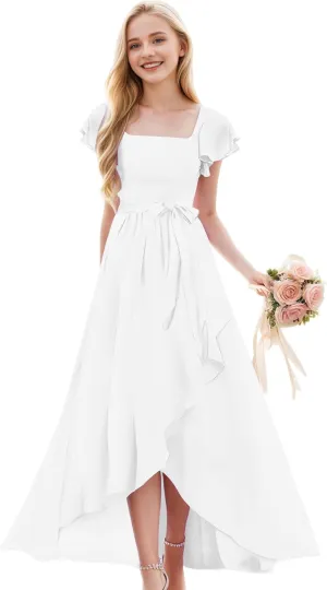 Junior Bridesmaid Dresses for Girls Chiffon Short Sleeve Flower Girl Dress for Wedding High Low Pageant Dress