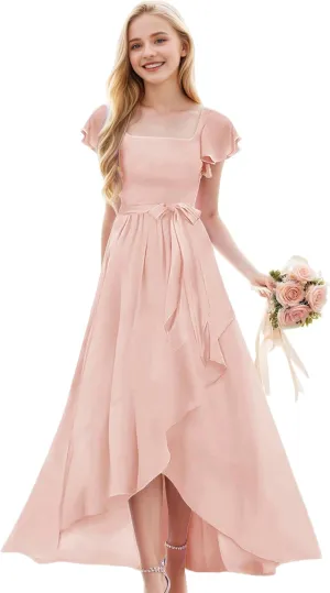 Junior Bridesmaid Dresses for Girls Chiffon Short Sleeve Flower Girl Dress for Wedding High Low Pageant Dress