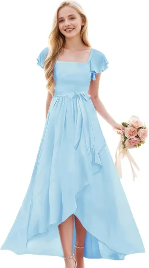 Junior Bridesmaid Dresses for Girls Chiffon Short Sleeve Flower Girl Dress for Wedding High Low Pageant Dress