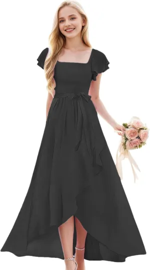 Junior Bridesmaid Dresses for Girls Chiffon Short Sleeve Flower Girl Dress for Wedding High Low Pageant Dress