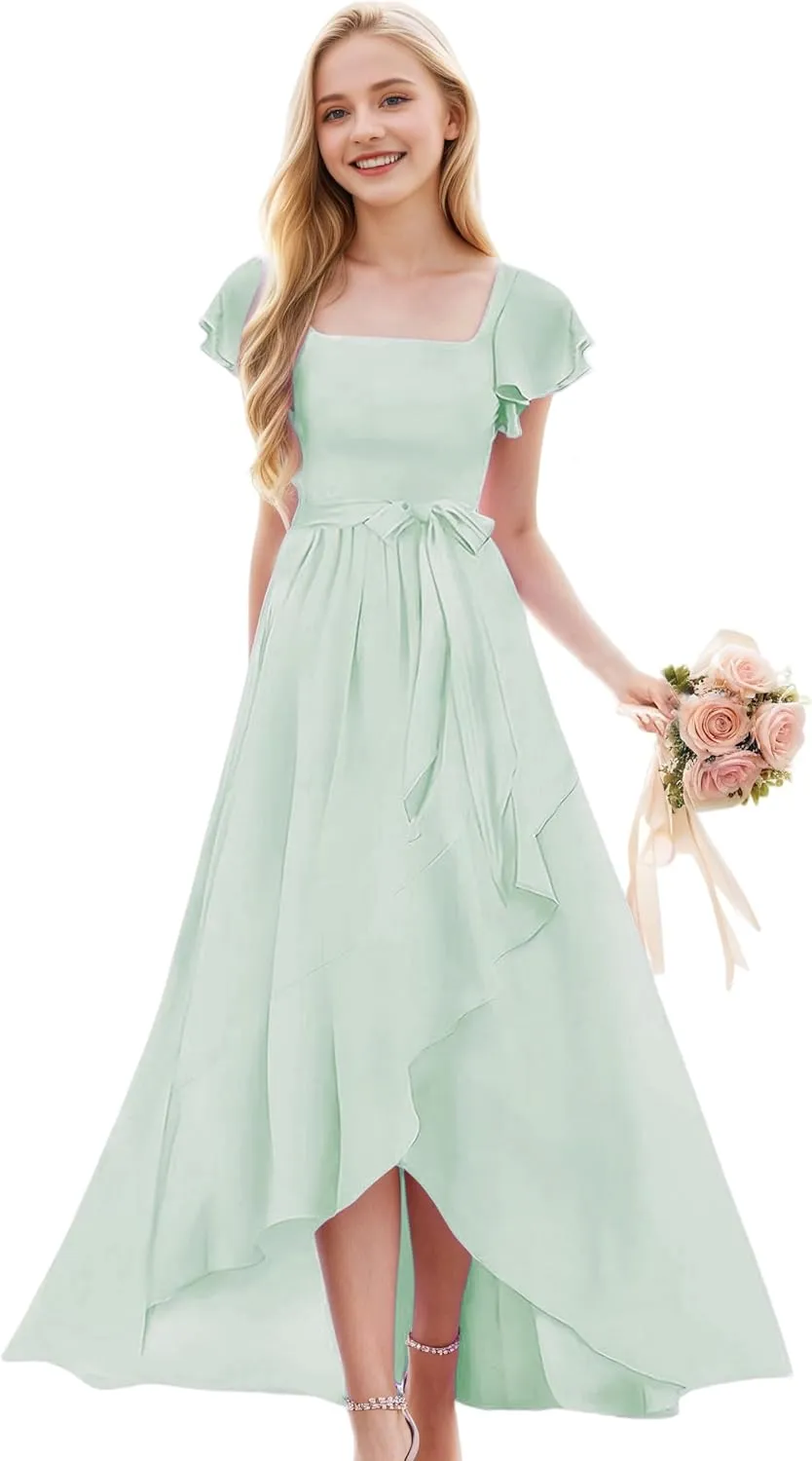 Junior Bridesmaid Dresses for Girls Chiffon Short Sleeve Flower Girl Dress for Wedding High Low Pageant Dress