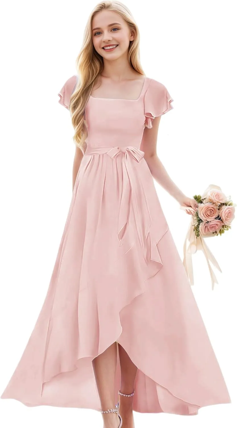 Junior Bridesmaid Dresses for Girls Chiffon Short Sleeve Flower Girl Dress for Wedding High Low Pageant Dress