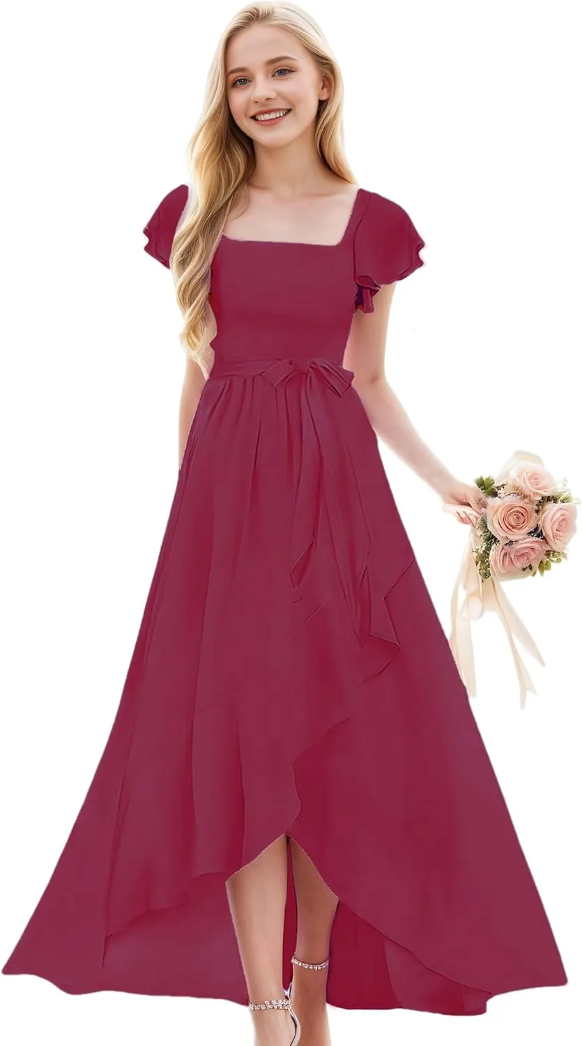Junior Bridesmaid Dresses for Girls Chiffon Short Sleeve Flower Girl Dress for Wedding High Low Pageant Dress