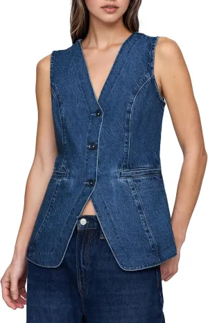 Kedera Denim Vest for Women Button Down Long Jean Waistcoat Casual Sleeveless Denim Jackets Slim Fit Jean Top