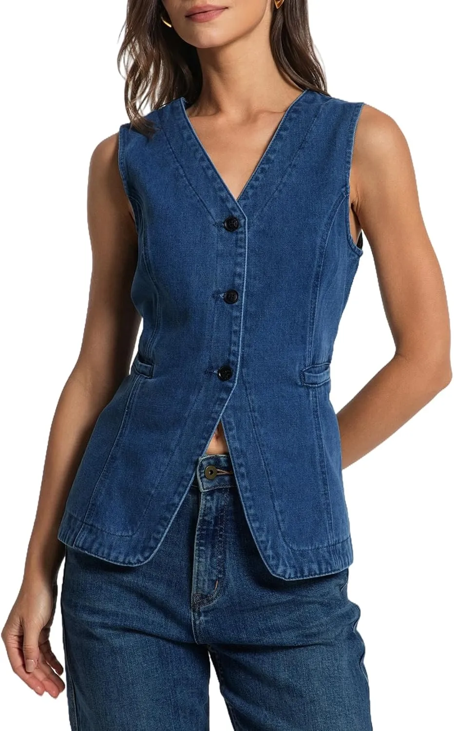 Kedera Denim Vest for Women Button Down Long Jean Waistcoat Casual Sleeveless Denim Jackets Slim Fit Jean Top