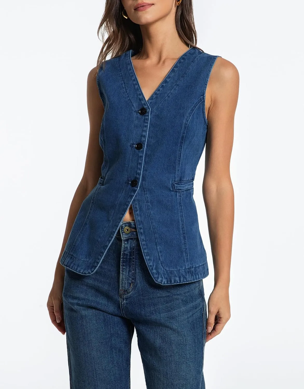Kedera Denim Vest for Women Button Down Long Jean Waistcoat Casual Sleeveless Denim Jackets Slim Fit Jean Top