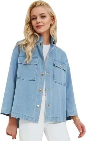 Kedera Women Button Down Jean Shirt Denim Jackets Fashion Oversized Western Work Jacket with Pockets