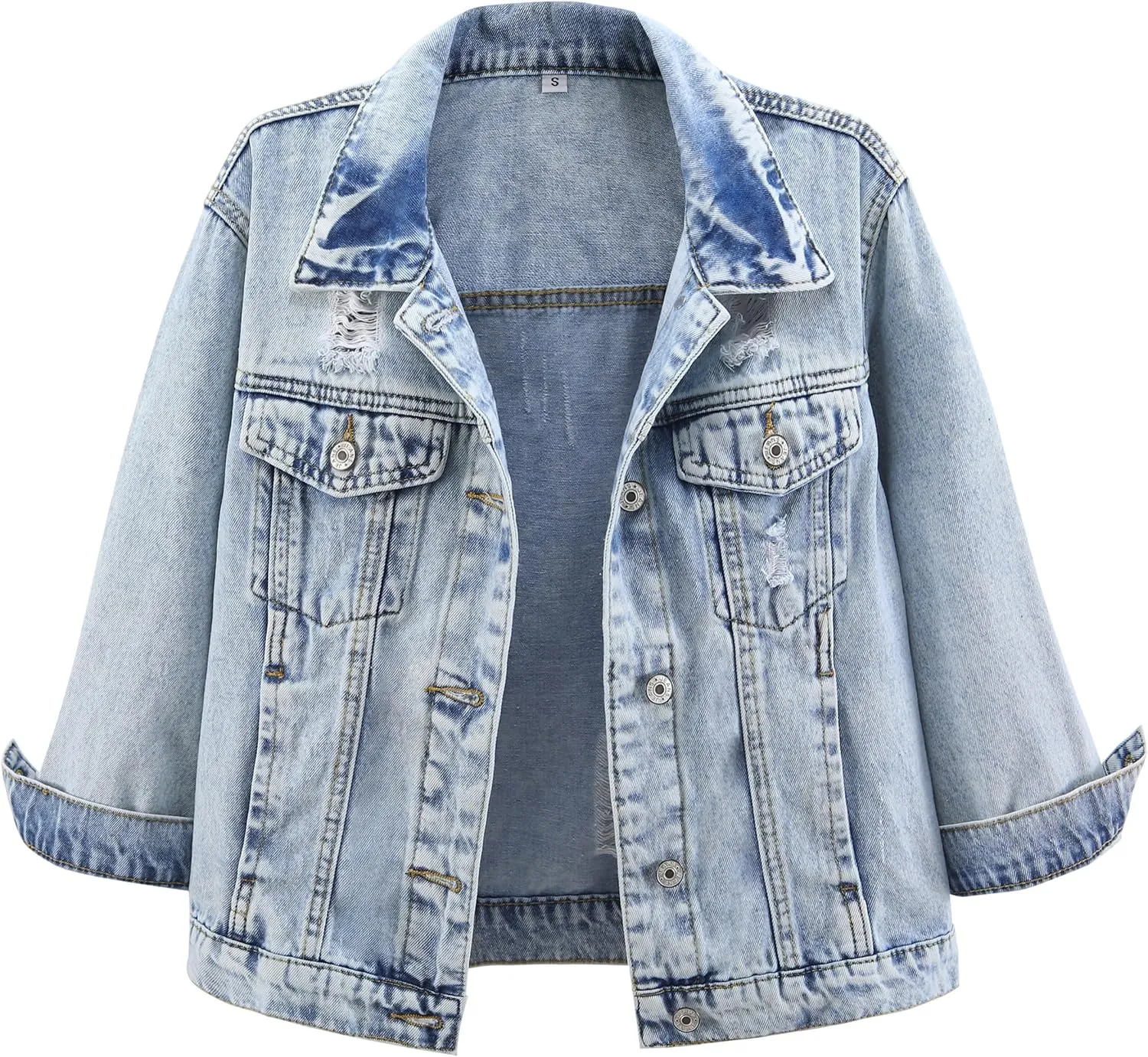 Kedera Womens Cropped Denim Jackets Distressed Ripped 3/4 Sleeve Jean Jacket Coats