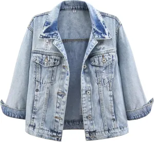 Kedera Womens Cropped Denim Jackets Distressed Ripped 3/4 Sleeve Jean Jacket Coats