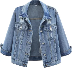 Kedera Womens Cropped Denim Jackets Distressed Ripped 3/4 Sleeve Jean Jacket Coats