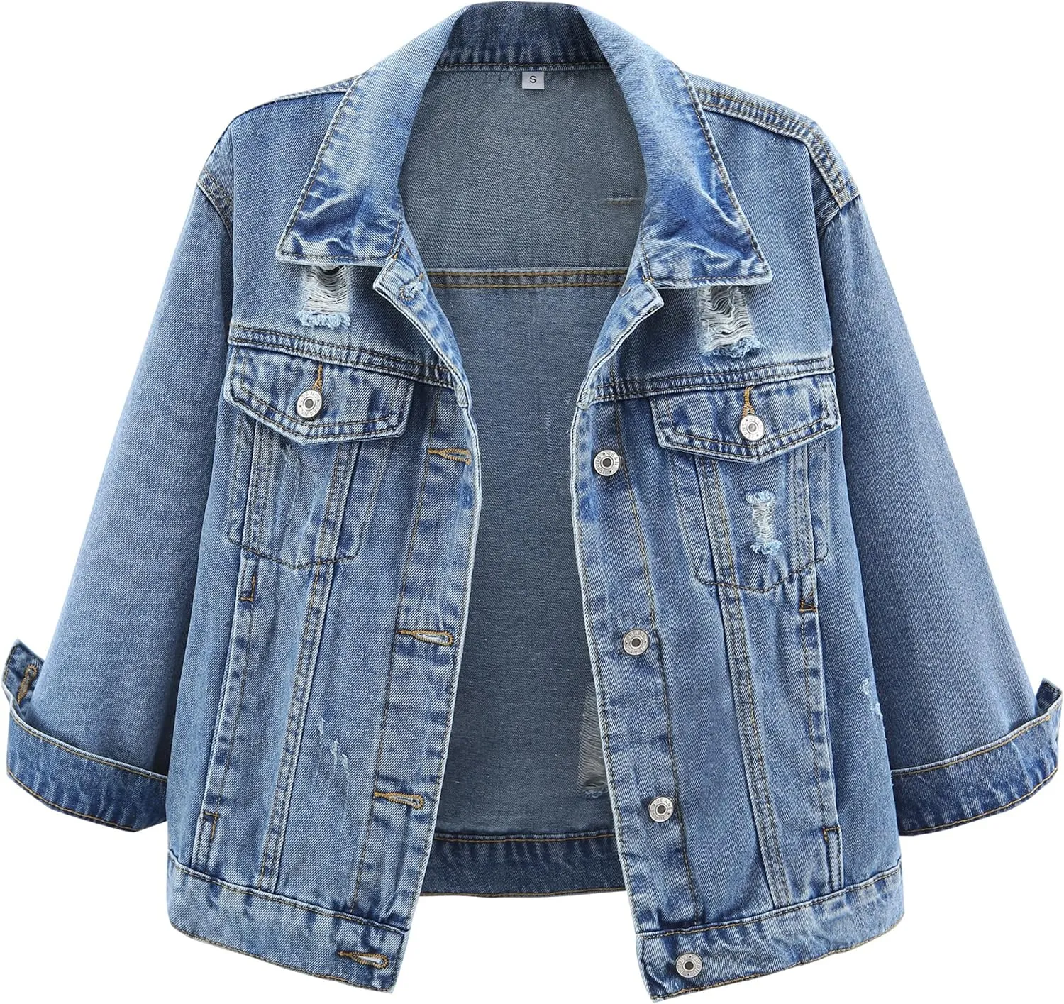 Kedera Womens Cropped Denim Jackets Distressed Ripped 3/4 Sleeve Jean Jacket Coats