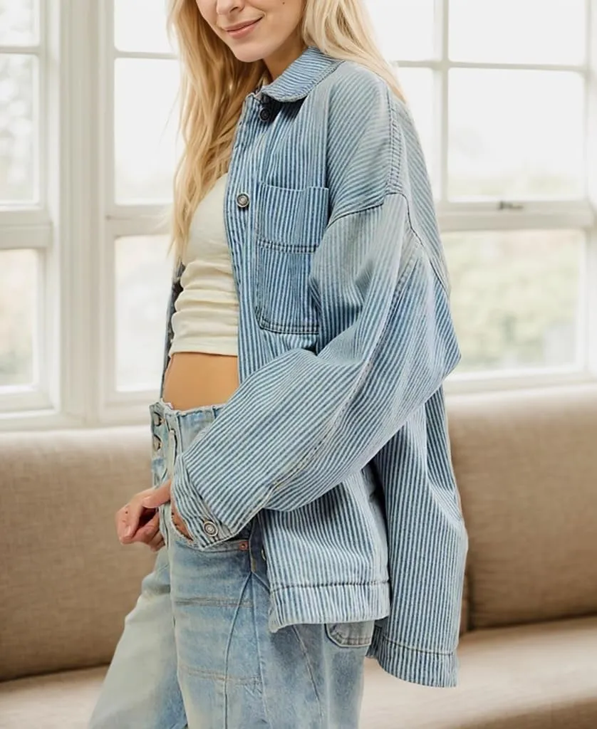 Kedera Women's Striped Denim Jackets Casual Long Sleeve Fall Jean Outfits Boyfriend Denim Coat with Pockets
