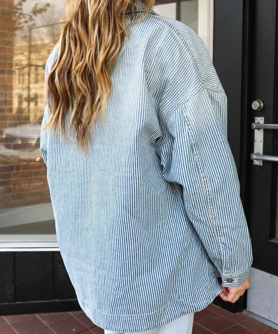 Kedera Women's Striped Denim Jackets Casual Long Sleeve Fall Jean Outfits Boyfriend Denim Coat with Pockets