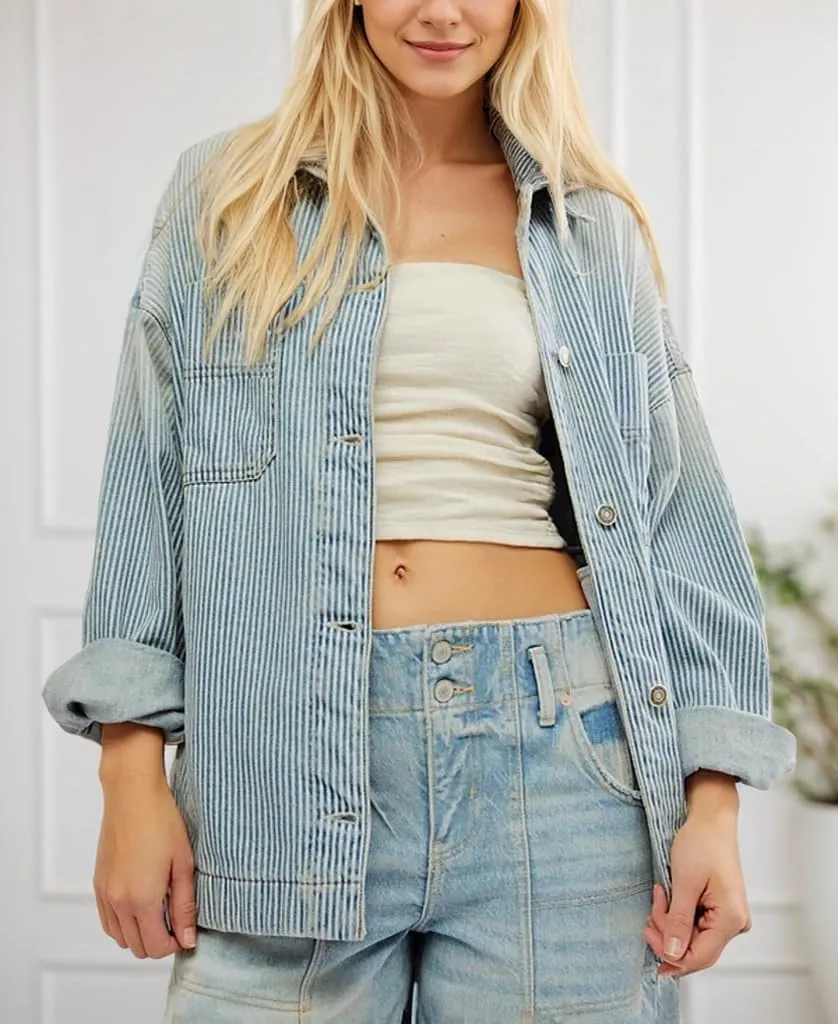 Kedera Women's Striped Denim Jackets Casual Long Sleeve Fall Jean Outfits Boyfriend Denim Coat with Pockets