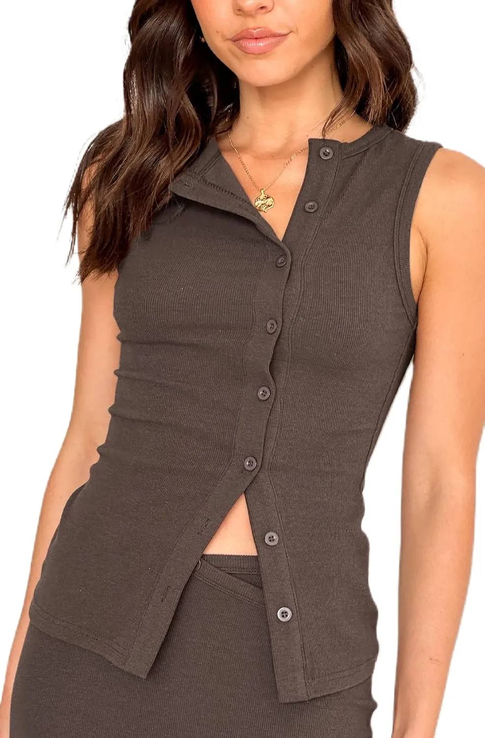 KMBANGI Women Button Down Vest Ribbed Summer Tank Tops Button Up Open Front Rib Shirt Sleeveless Slim Dressy Top Fashion