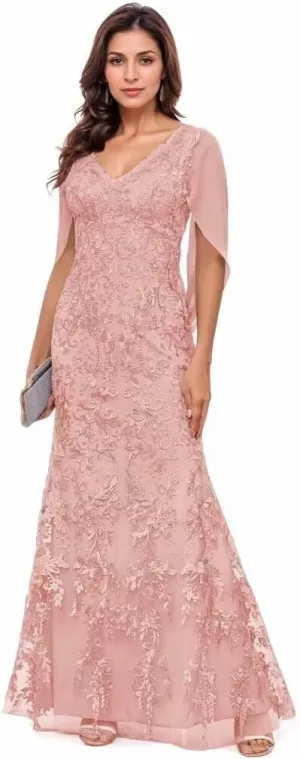 Lace Cape Sleeve Mother of The Bride Dresses for Women V Neck Mermaid Formal Evening Gown