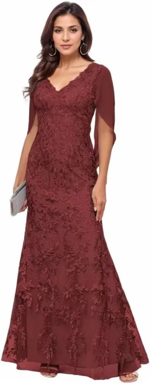 Lace Cape Sleeve Mother of The Bride Dresses for Women V Neck Mermaid Formal Evening Gown