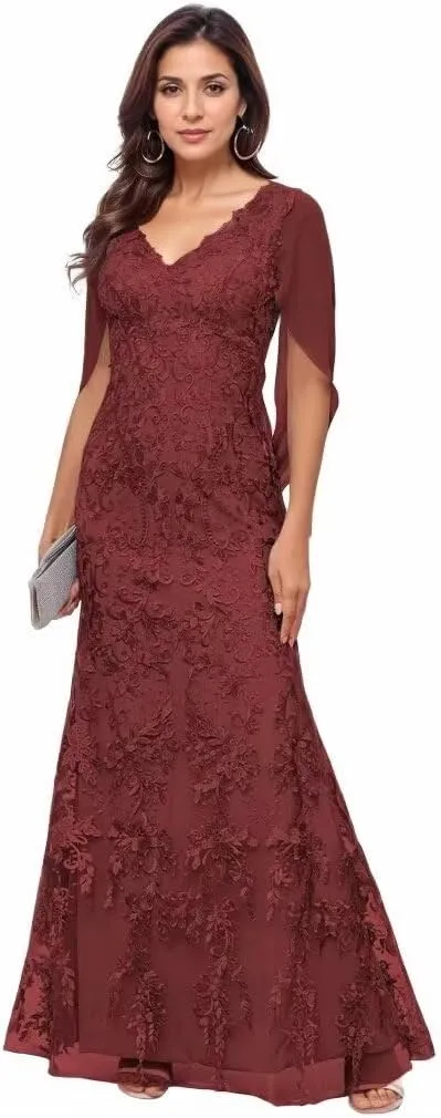Lace Cape Sleeve Mother of The Bride Dresses for Women V Neck Mermaid Formal Evening Gown