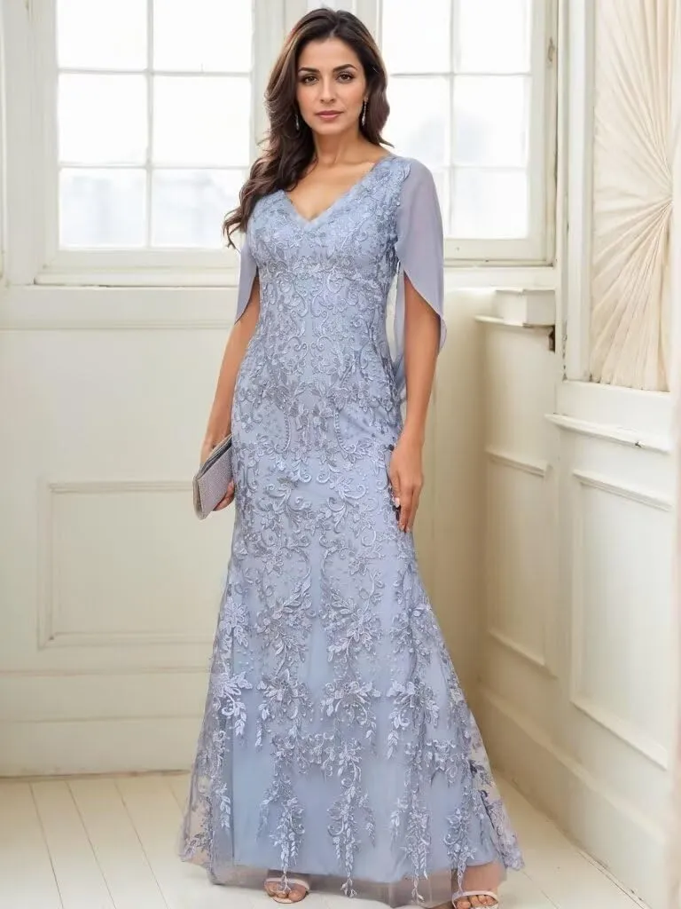 Lace Cape Sleeve Mother of The Bride Dresses for Women V Neck Mermaid Formal Evening Gown