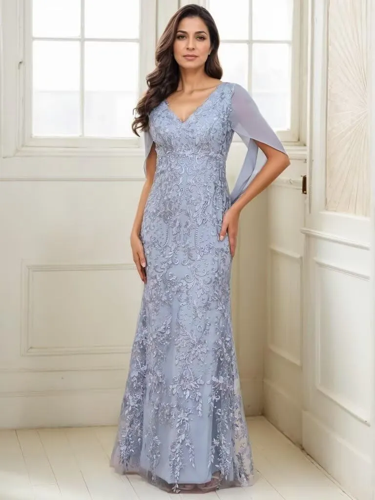 Lace Cape Sleeve Mother of The Bride Dresses for Women V Neck Mermaid Formal Evening Gown