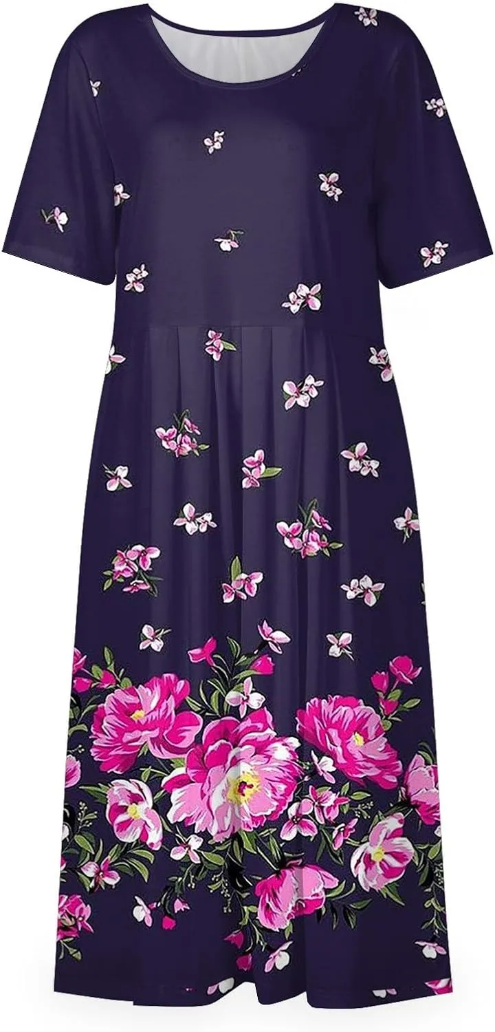 Ladies Dress Pleated Basic Round Neck 2024 Short-Sleeve Midi Loose Daily Women's Dresses Classic with Pocket