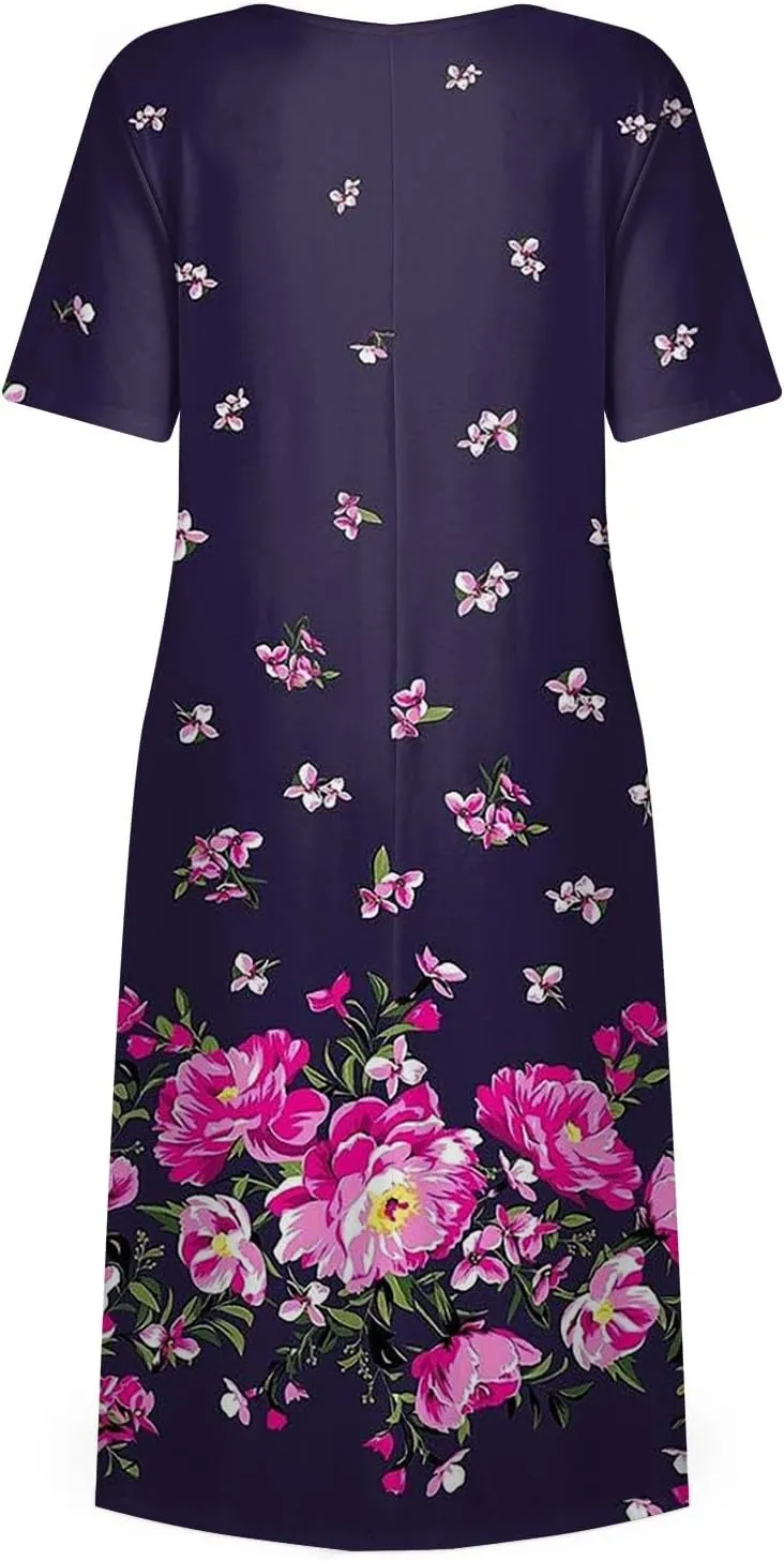 Ladies Dress Pleated Basic Round Neck 2024 Short-Sleeve Midi Loose Daily Women's Dresses Classic with Pocket