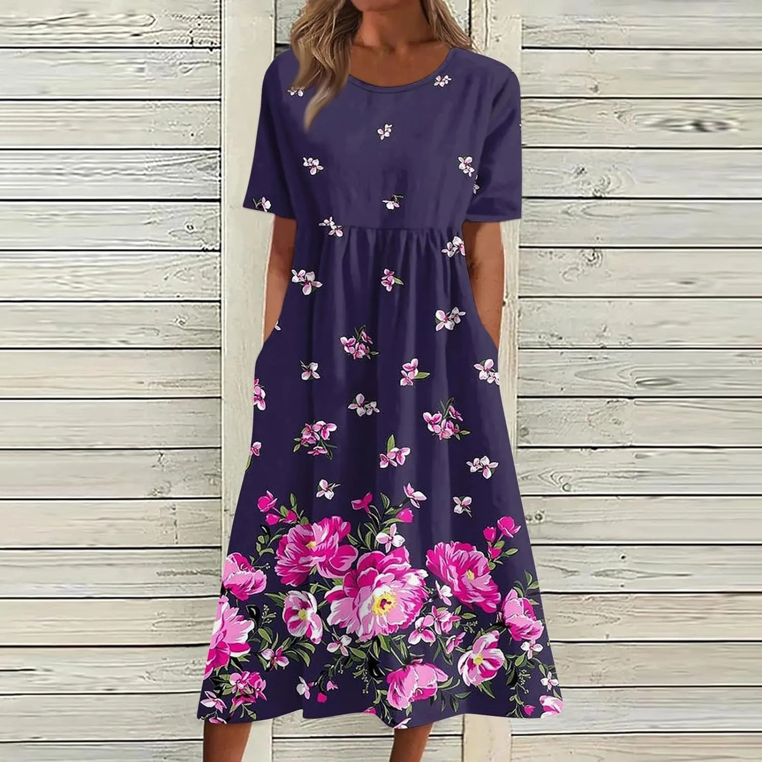 Ladies Dress Pleated Basic Round Neck 2024 Short-Sleeve Midi Loose Daily Women's Dresses Classic with Pocket