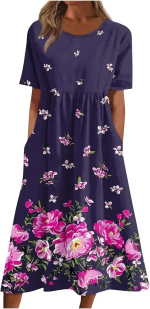 Ladies Dress Pleated Basic Round Neck 2024 Short-Sleeve Midi Loose Daily Women's Dresses Classic with Pocket