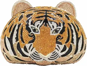 Ladies Evening Bags Glittering Tiger Clutch Evening Bags Rhinestone Crystal Handbag Fashionable Purse, Gold