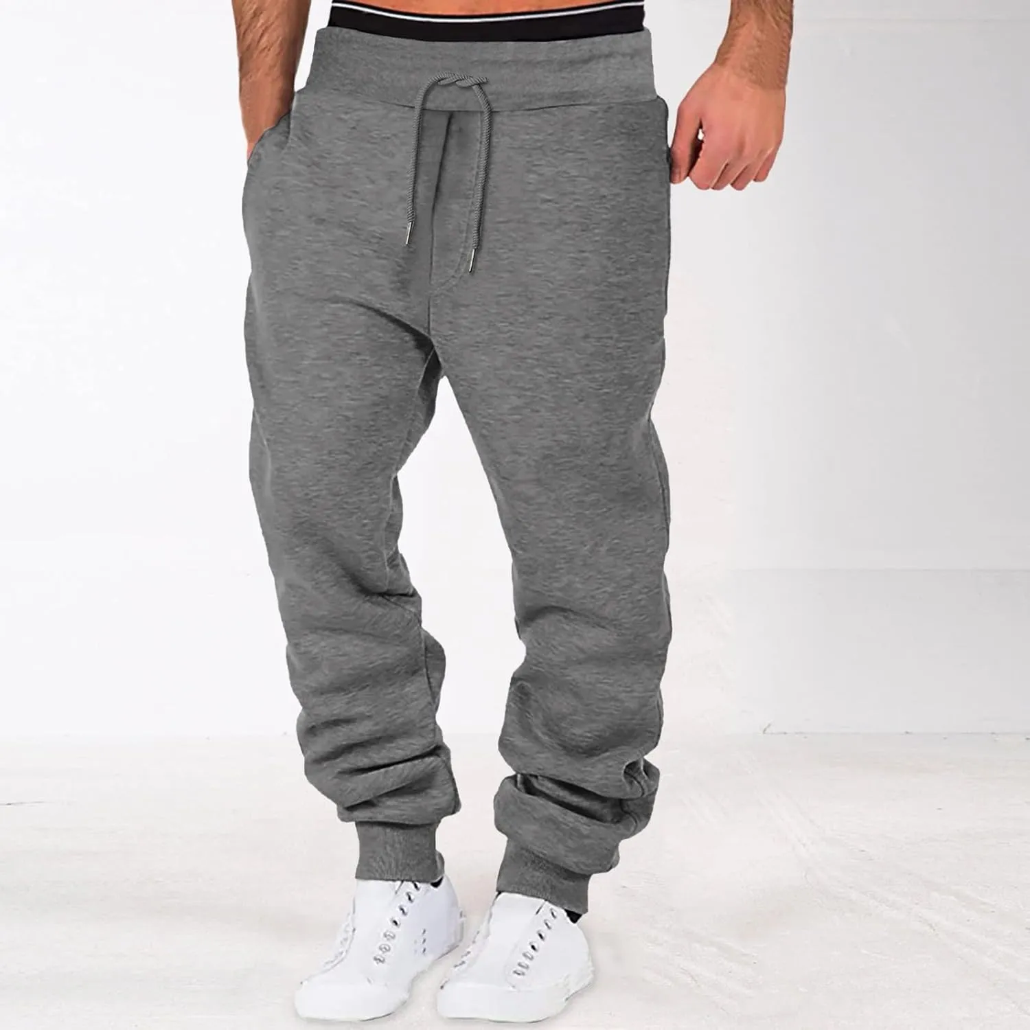 LCMTWX Black Cargo Pants Men Elastic Drawstring Cotton Pants Waist Waist Mid Casual Solid Men's Casual Black Sweatpants Men