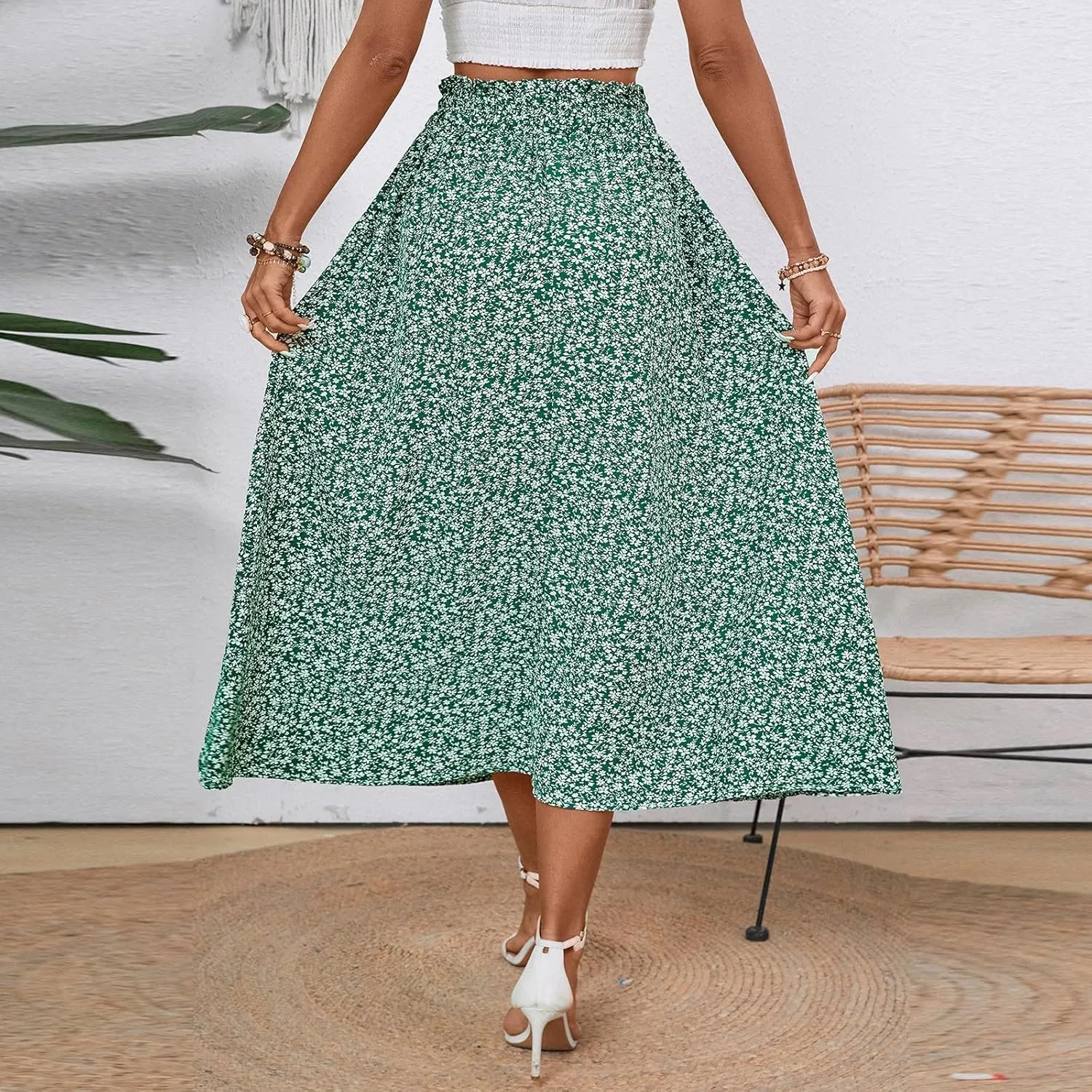 Linen Skirt for Women Summer Drawstring High Waisted Midi Skirt Smocked A Line Dressy Skirts Knee Length with Pockets