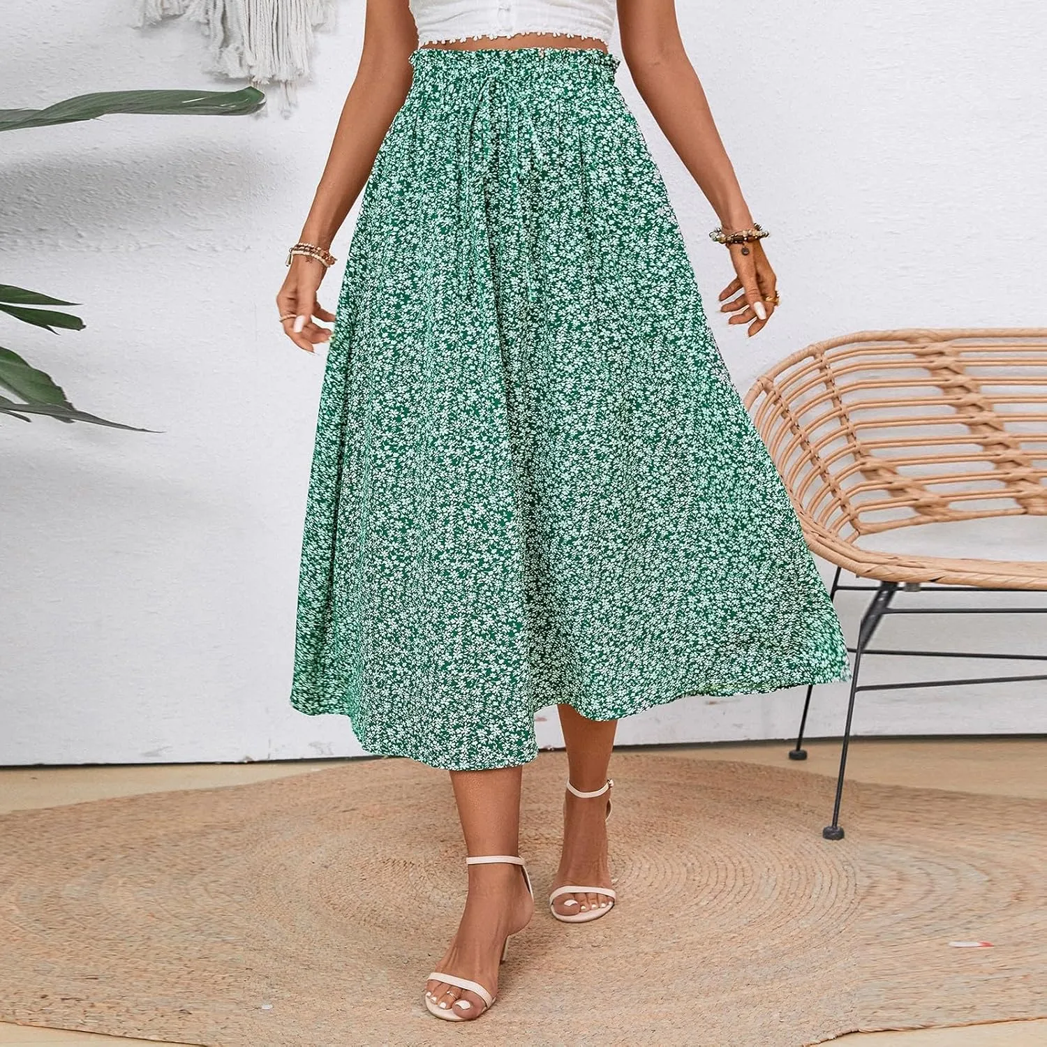 Linen Skirt for Women Summer Drawstring High Waisted Midi Skirt Smocked A Line Dressy Skirts Knee Length with Pockets