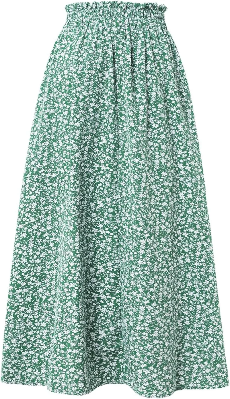 Linen Skirt for Women Summer Drawstring High Waisted Midi Skirt Smocked A Line Dressy Skirts Knee Length with Pockets