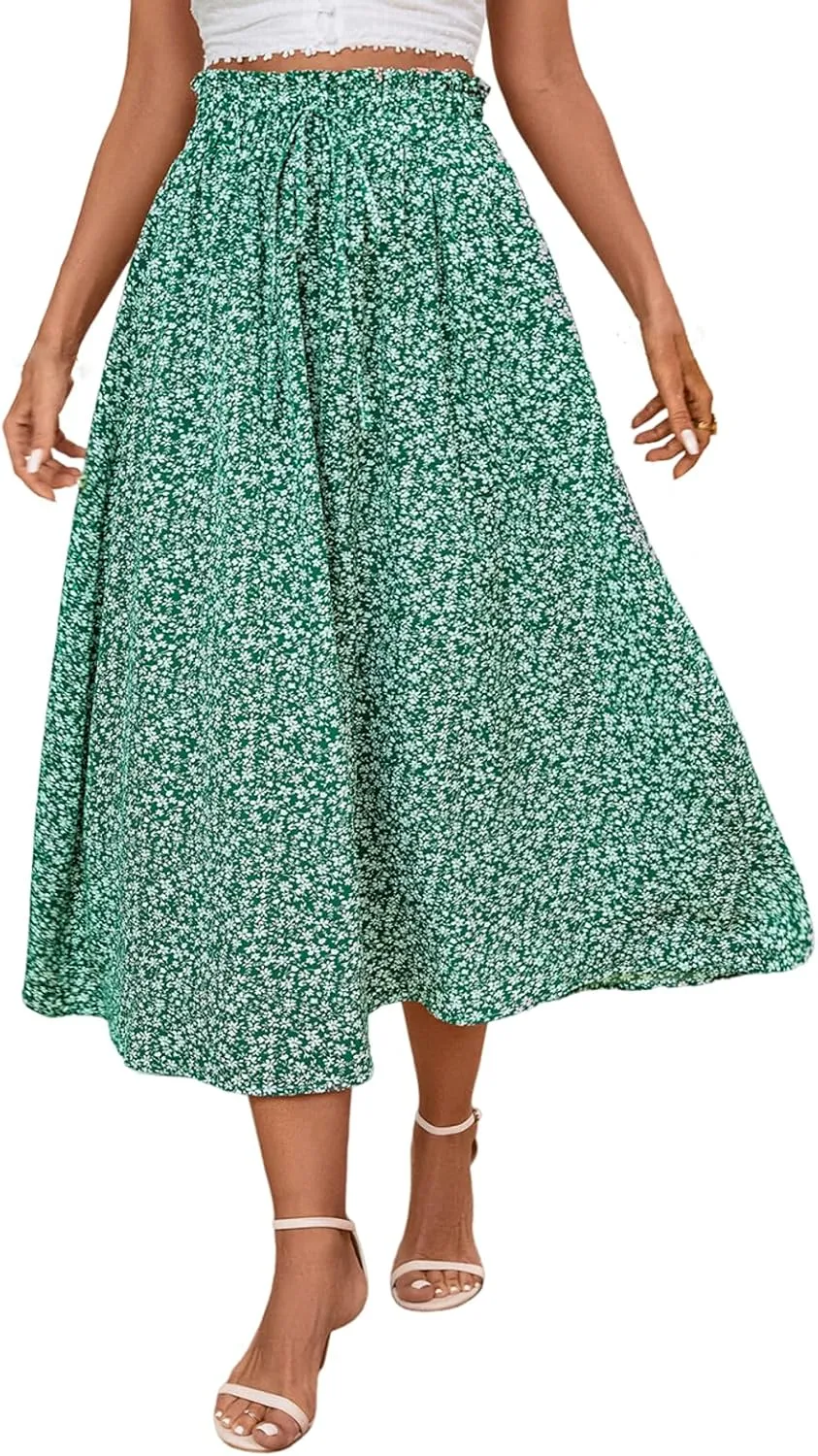 Linen Skirt for Women Summer Drawstring High Waisted Midi Skirt Smocked A Line Dressy Skirts Knee Length with Pockets