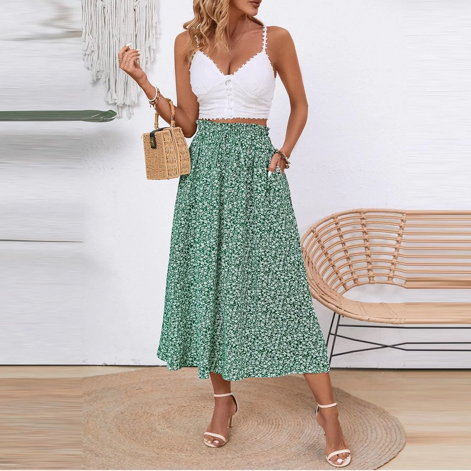 Linen Skirt for Women Summer Drawstring High Waisted Midi Skirt Smocked A Line Dressy Skirts Knee Length with Pockets