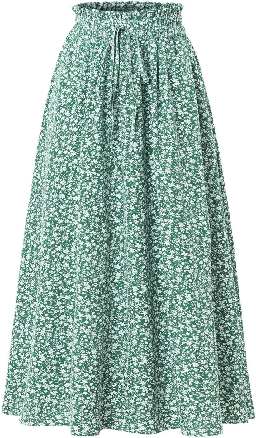 Linen Skirt for Women Summer Drawstring High Waisted Midi Skirt Smocked A Line Dressy Skirts Knee Length with Pockets