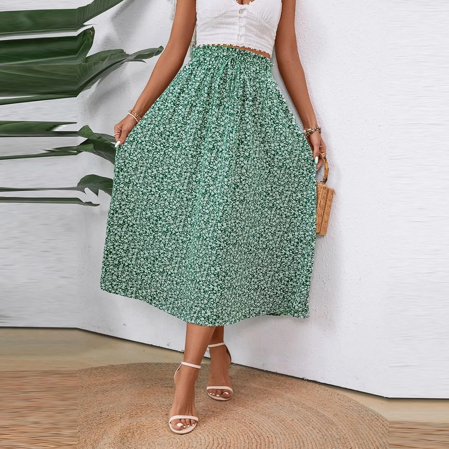 Linen Skirt for Women Summer Drawstring High Waisted Midi Skirt Smocked A Line Dressy Skirts Knee Length with Pockets
