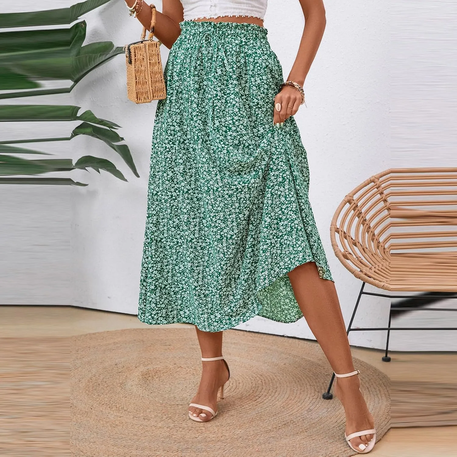 Linen Skirt for Women Summer Drawstring High Waisted Midi Skirt Smocked A Line Dressy Skirts Knee Length with Pockets