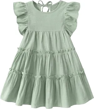 Little Girls Dresses Linen Ruffle Sleeveless Casual Dress Kids Summer Beach Clothes Sundress