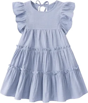 Little Girls Dresses Linen Ruffle Sleeveless Casual Dress Kids Summer Beach Clothes Sundress
