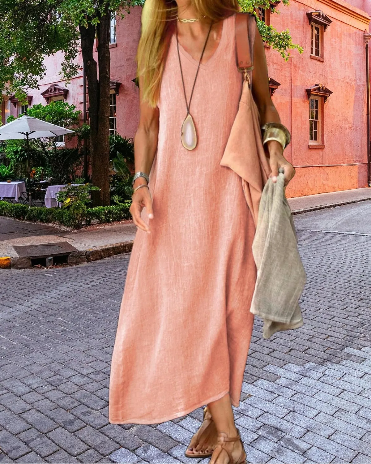 LOAIHA Womens Cotton Linen Plus Size Sun Dress with Pockets,Summer Sleeveless Maxi Dress for Women Loose Casual Tank Dress