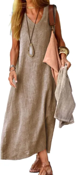 LOAIHA Womens Cotton Linen Plus Size Sun Dress with Pockets,Summer Sleeveless Maxi Dress for Women Loose Casual Tank Dress