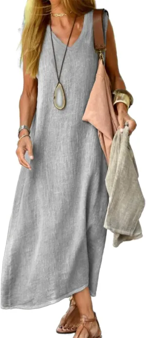 LOAIHA Womens Cotton Linen Plus Size Sun Dress with Pockets,Summer Sleeveless Maxi Dress for Women Loose Casual Tank Dress