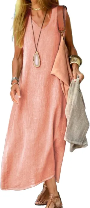 LOAIHA Womens Cotton Linen Plus Size Sun Dress with Pockets,Summer Sleeveless Maxi Dress for Women Loose Casual Tank Dress