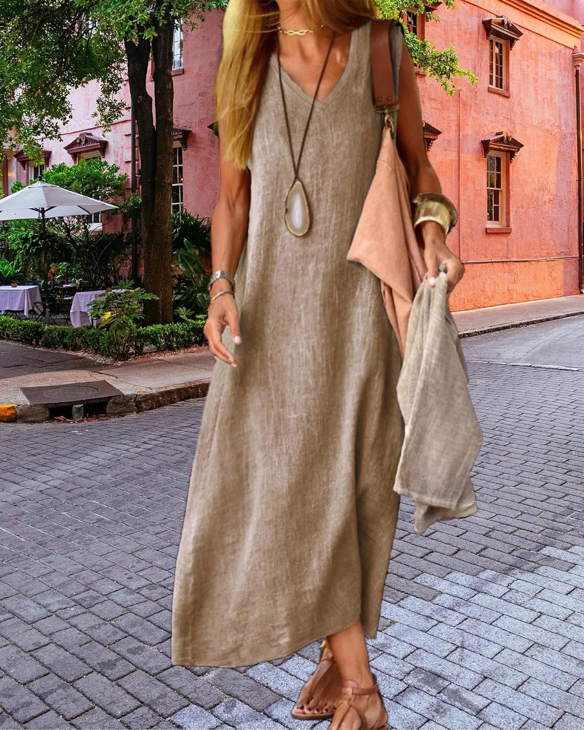 LOAIHA Womens Cotton Linen Plus Size Sun Dress with Pockets,Summer Sleeveless Maxi Dress for Women Loose Casual Tank Dress