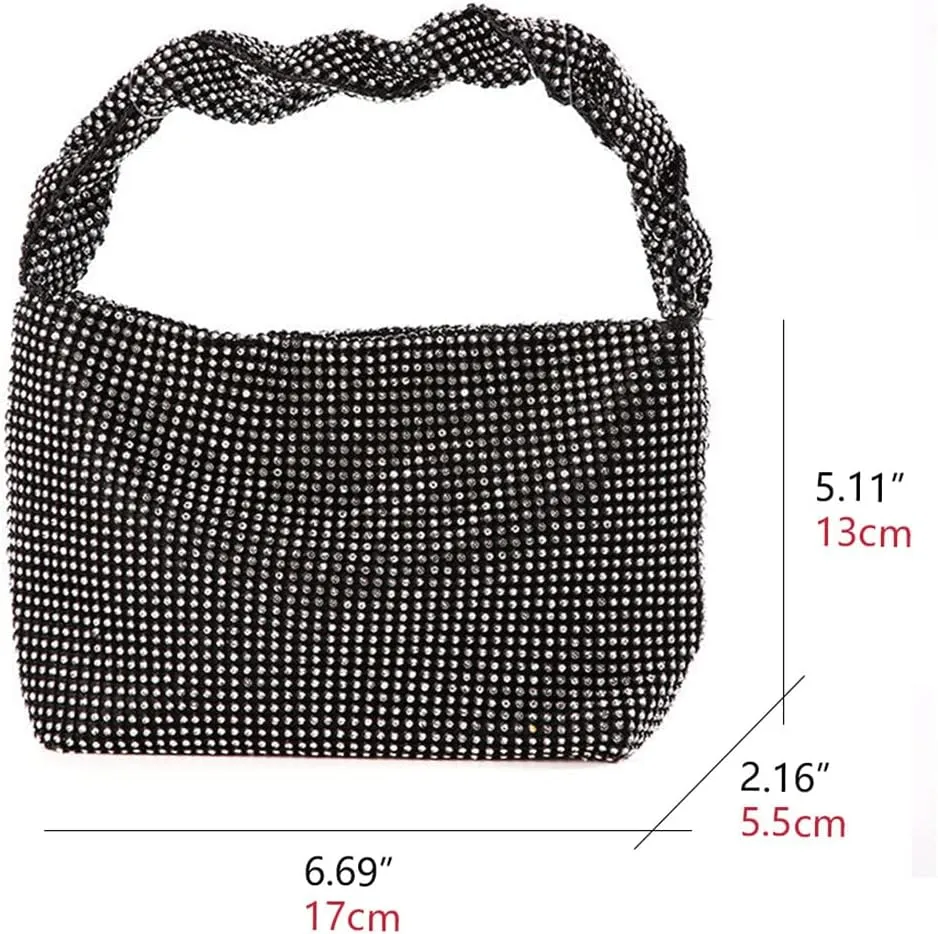 Logan Drill Mesh Luxurious Crystals Women Evening Handbags Magnet Switch Rhinestones Clutch Bags Solid Hobo for Wedding Party Black