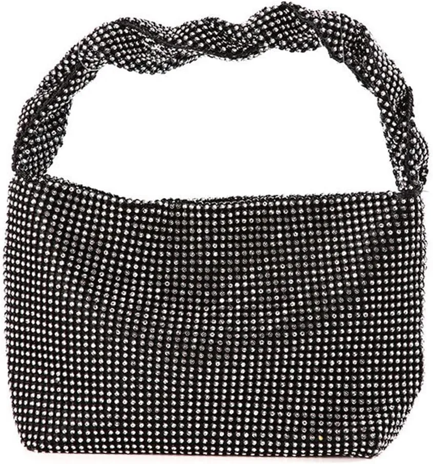 Logan Drill Mesh Luxurious Crystals Women Evening Handbags Magnet Switch Rhinestones Clutch Bags Solid Hobo for Wedding Party Black