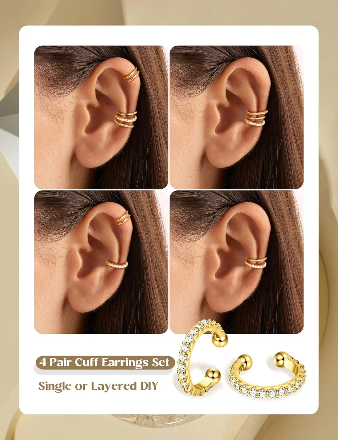 LOLIAS 4 Pairs Ear Cuffs Non Piercing - 14K Gold Plated Ear Cuff Earrings for Women Ear Cuff for Non Pierced Ears Clip on Cartilage Earring Adjustable Fake Earrings Set