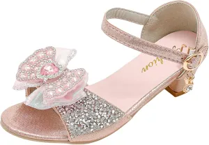 Low Heels Open Toe Princess Sandal Girls Sandals Rhinestone Bow Shoes Children's High Heels Non Slip Little Girl Shoes