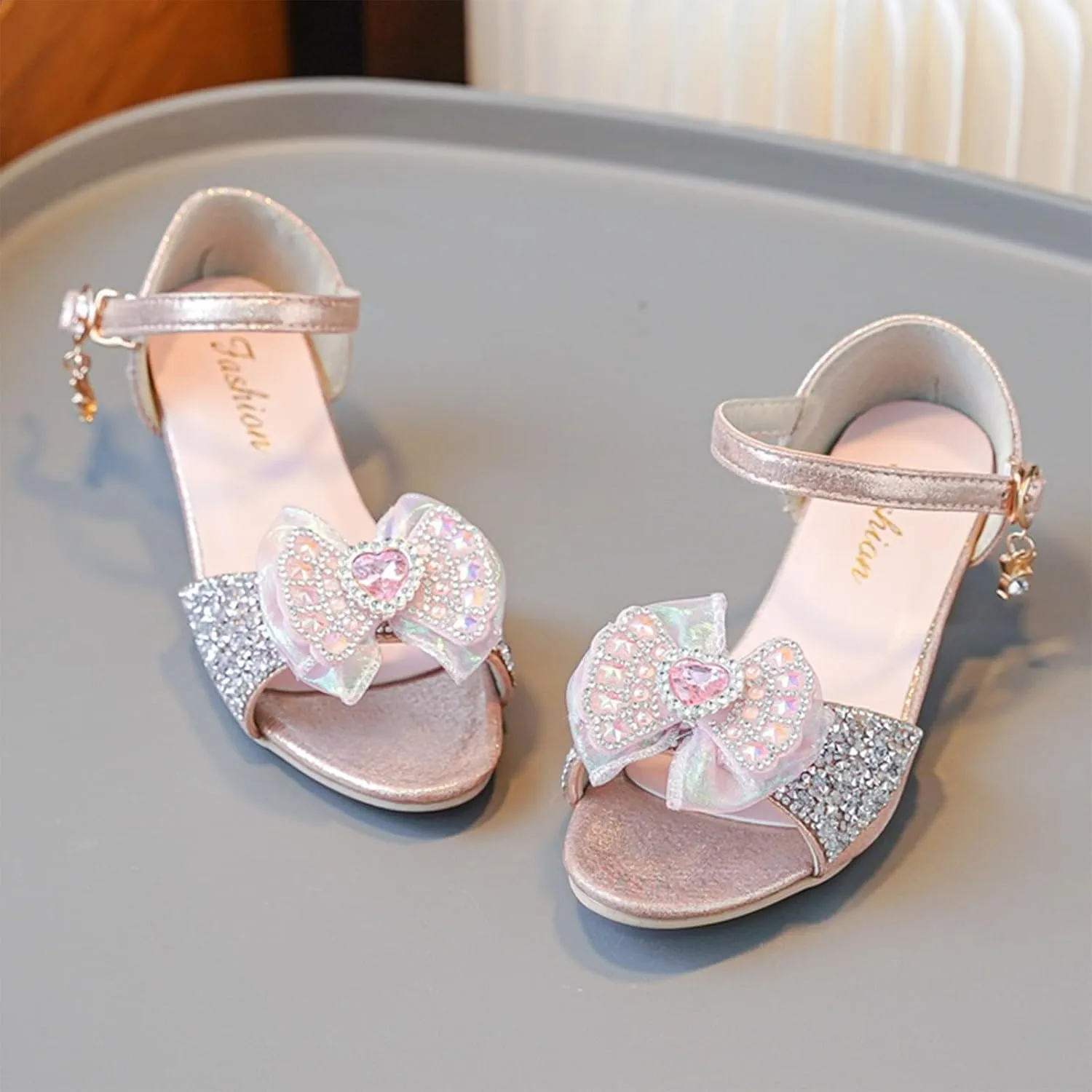 Low Heels Open Toe Princess Sandal Girls Sandals Rhinestone Bow Shoes Children's High Heels Non Slip Little Girl Shoes